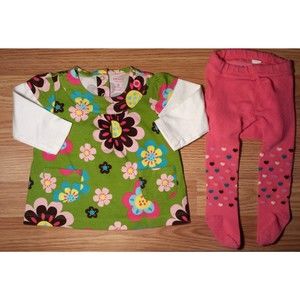 Girl's Size 6 M 3-6 Months 2Pc Green Carter's Floral L/S Dress & Old Navy Tights